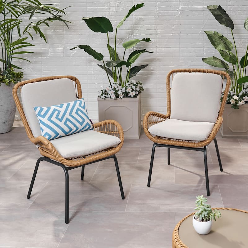 Pabrico Outdoor Wicker Club Chair with Cushions (Set of 2) by Christopher Knight Home - Light Brown+Beige