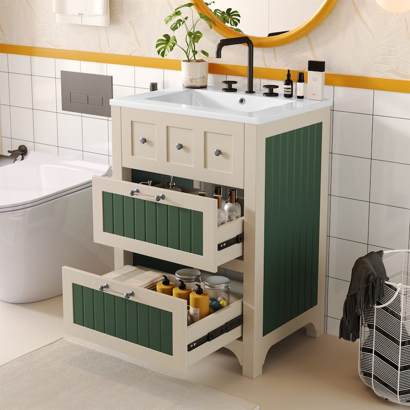 24" Wood Bathroom Vanity with Ceramic Sink and 2 Drawers