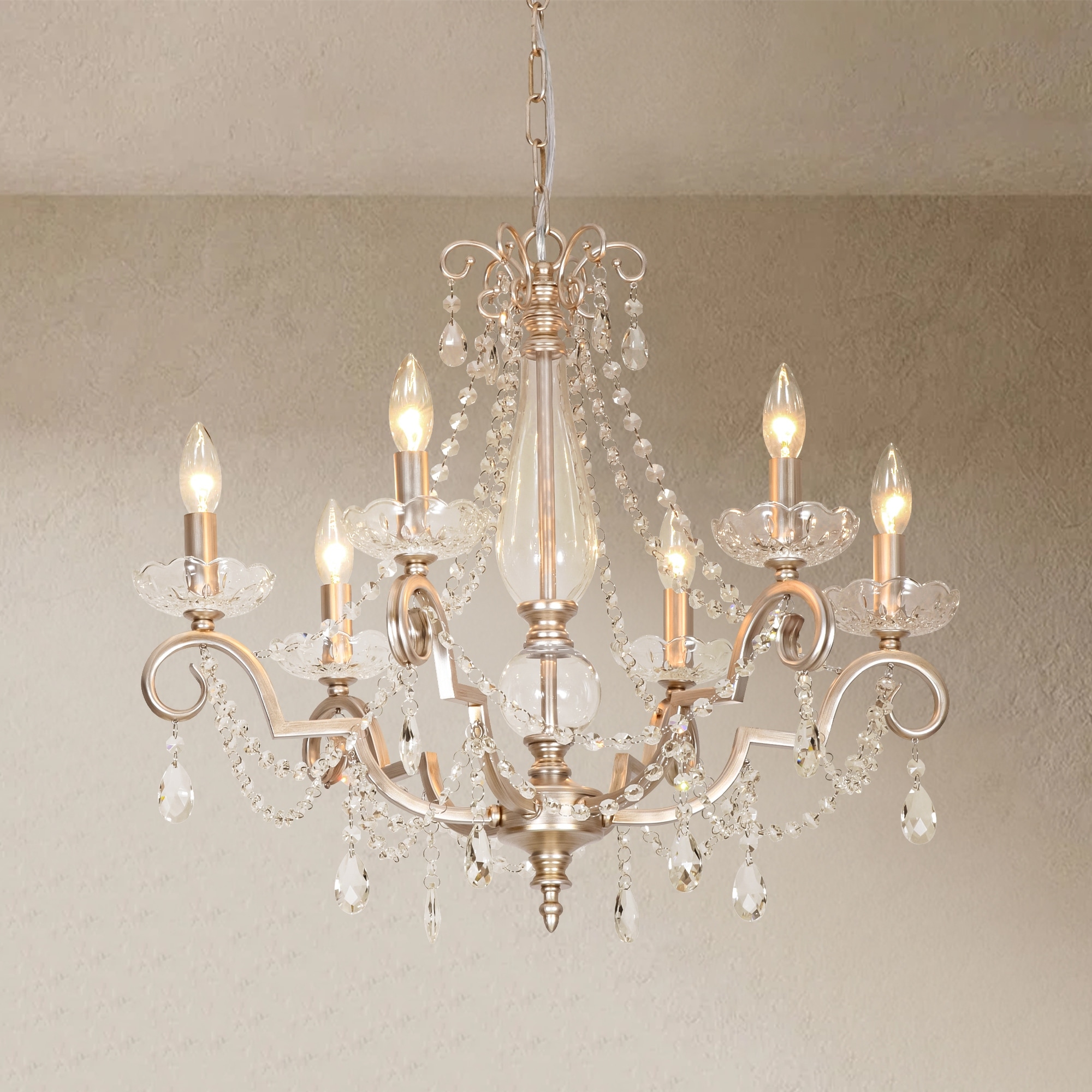 25.2" W Modern Luxury Crystal Beaded 6-Light Chandelier with Vintage Silver Finish and Candle Arms