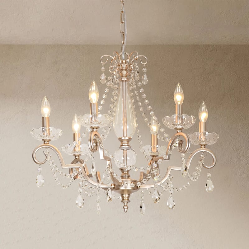 25.2" W Modern Luxury Crystal Beaded 6-Light Chandelier with Vintage Silver Finish and Candle Arms - 28 in. W x 28 in. H x 28. in. D - Clear/Silver