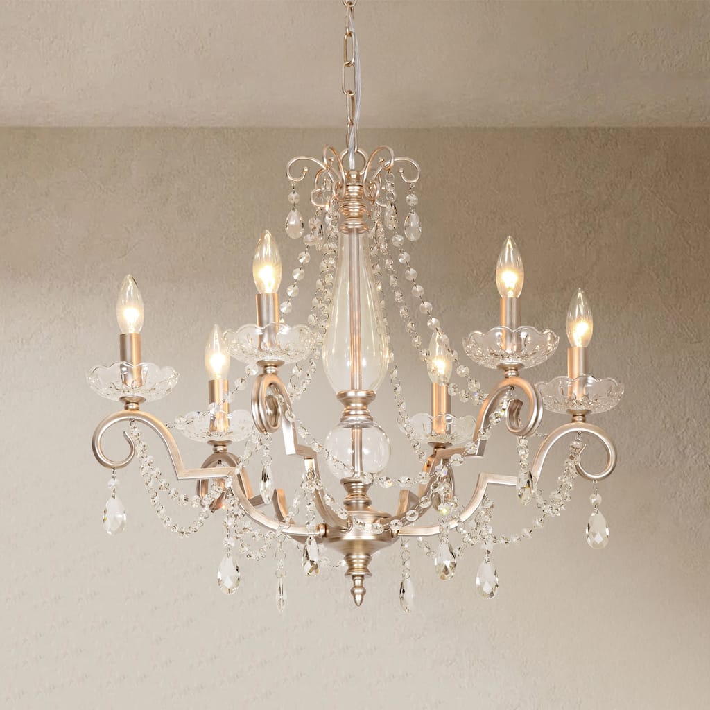 25.2" W Modern Luxury Crystal Beaded 6-Light Chandelier with Vintage Silver Finish and Candle Arms