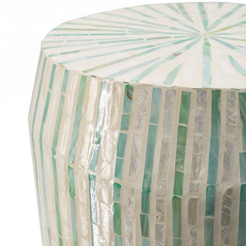 Cream and Green Cylinder Accent Stool with Striped Pattern
