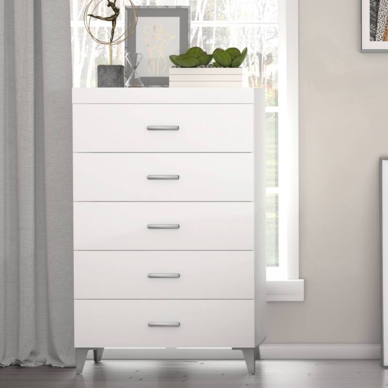 Contemporary White 5-Drawer Storage Chest, Wooden Bedroom Essential