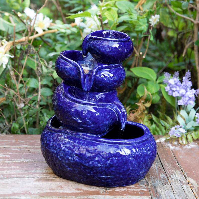 Glitzhome 11.75"H 4-Tiered Ceramic Cobalt Blue Table Fountain with Pump