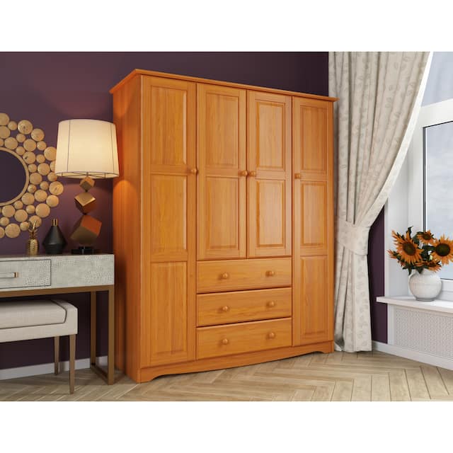 Family 100-percent Solid Wood 4-door Wardrobe (No Shelves Included) - Honey Pine
