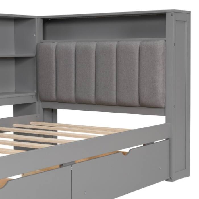 Wood Full/Twin Platform Bed with Storage - Features Shelves, Drawers, Charging Station and LED Desk