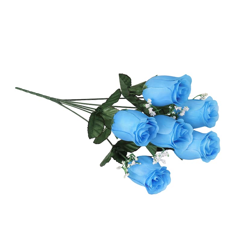 Set of 12 Blue Artificial Rose Bud Flower Stem Bush Bouquet 14in - 14" L x 6" W x 6" DP