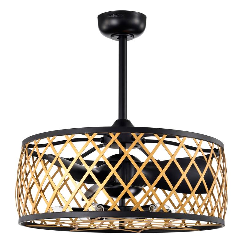 25 Inch Matte Black and Gold cage Finish Ceiling Lighted Fandelire with Remote