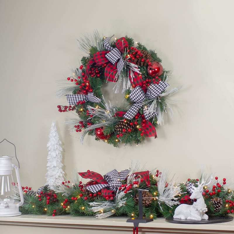 Pre-Lit Decorated Plaid and Houndstooth Artificial Christmas Wreath - 24-Inch Warm White Lights - 24"