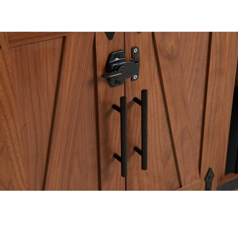 56" Wooden Dog Kennel with Designed Pet Stairs, Sliding Barn Door, Removable Cushion