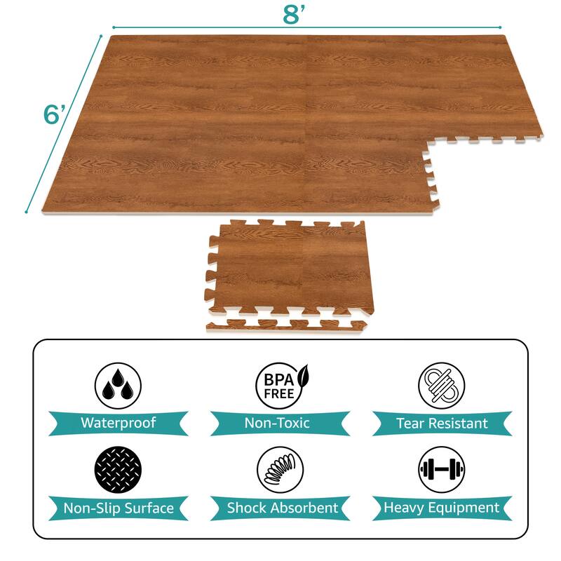 Interlocking Floor Mat - Gray Wood Print, 12 Pieces and Borders