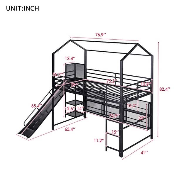 House Metal Twin Size Loft Bed with Shelves and Slide