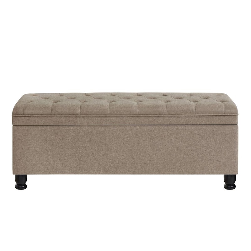 45" Linen Fabric Storage Stool with Spindle Wood Legs