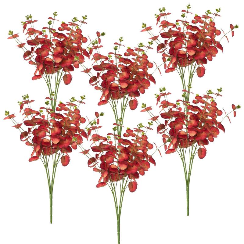 Set of 6 Artificial Eucalyptus Stems 10 Inch Picks for Home Decor Arrangements - Red - Red