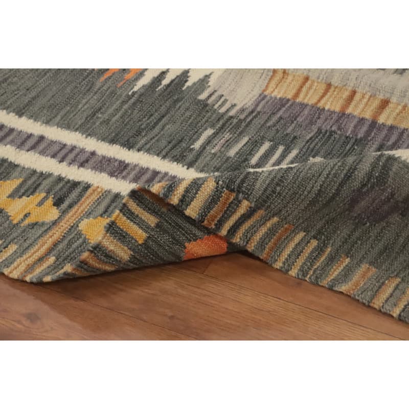 Hand Woven Oriental 100% Wool Carpet Southwestern Tribal Greys & Charcoal Kilim Area Rug - 9' 2'' X 5' 11''