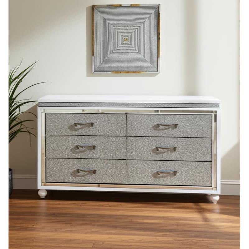HomeRoots 58" White And Silver Faux Crystal Bling Wood Six Drawer Double Dresser - White/Silver - 6-drawer
