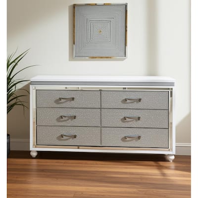 HomeRoots 58" White And Silver Faux Crystal Bling Wood Six Drawer Double Dresser