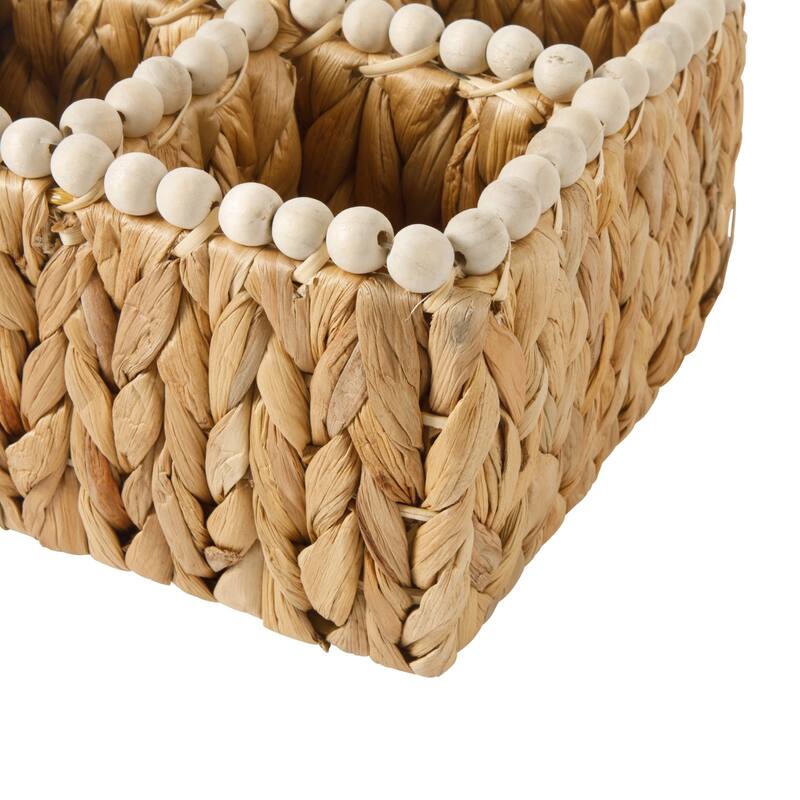 Gibson Home Woven Utensil Caddy with 4 Compartments, Natural Hand-Braided Water Hyacinth Basket with Wood-Bead Trim