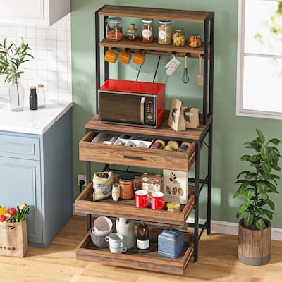 5-Tier Baker's Racks Rack with Power Outlets, Drawer and Sliding Shelves - Rustic Brown & Black