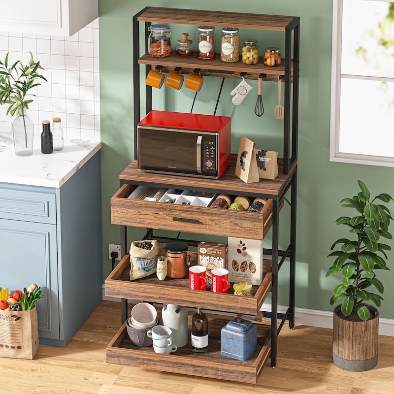 5-Tier Kitchen Bakers Rack with 4 Power & USB Outlets, Microwave Stand with Drawers and Shelves