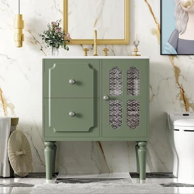 Retro Style 30"Bathroom Vanity with Resin Sink Combo, Freestanding Single Vanity with 2 Drawers,Green