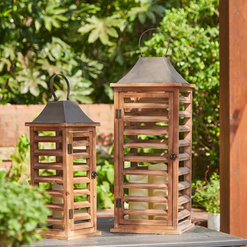 Glitzhome Set of 2 Modern Wooden Shutter Floor Candle Lanterns Fall Wedding Decor - Natural