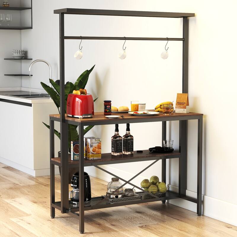Roomfitters Kitchen Island with 3-Tier Storage Shelves and Hooks, Industrial Bakers Rack, Brown & Black