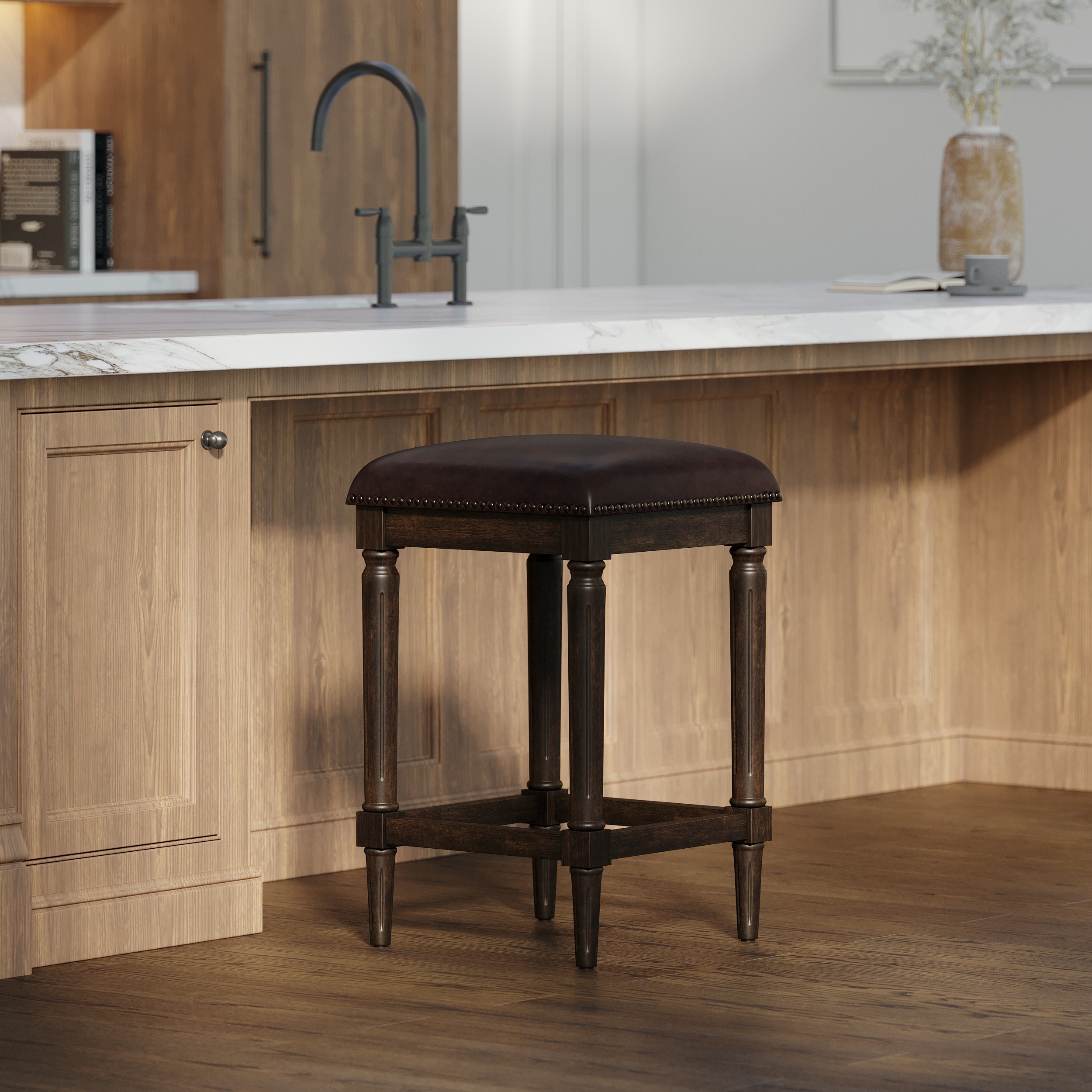 Transitional 27" Counter Height Square Upholstered Stool with Carved Wood Legs & Nailhead Trim by GDFStudio