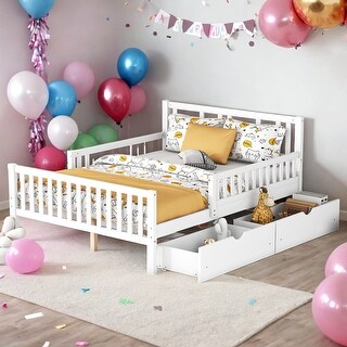 Full Size Wood Platform Bed with Guardrails,2 Storage Drawers