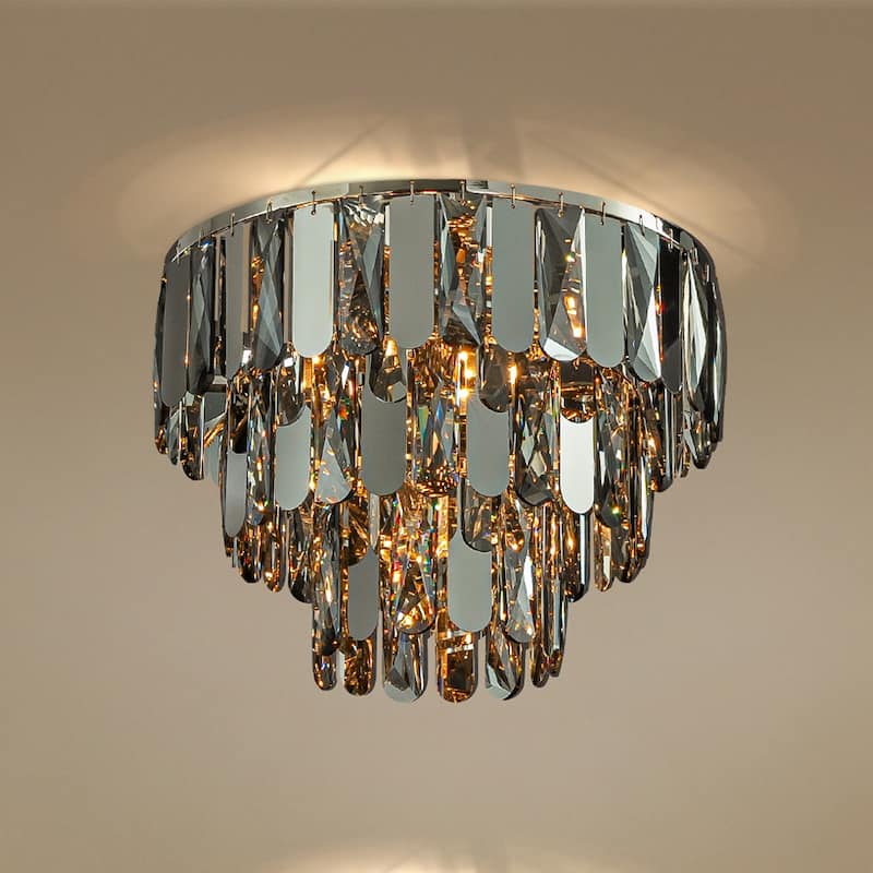 Dimmable Smoked Crystal Flush Mount Ceiling Light Round with Polished Nickel Finish and Stainless Steel Accents for Dining Room - W14''