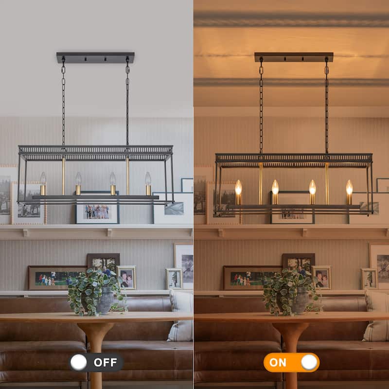 4-Light Black Industrial Rectangular Caged Chandelier Kitchen Island - Dia.29.92-in