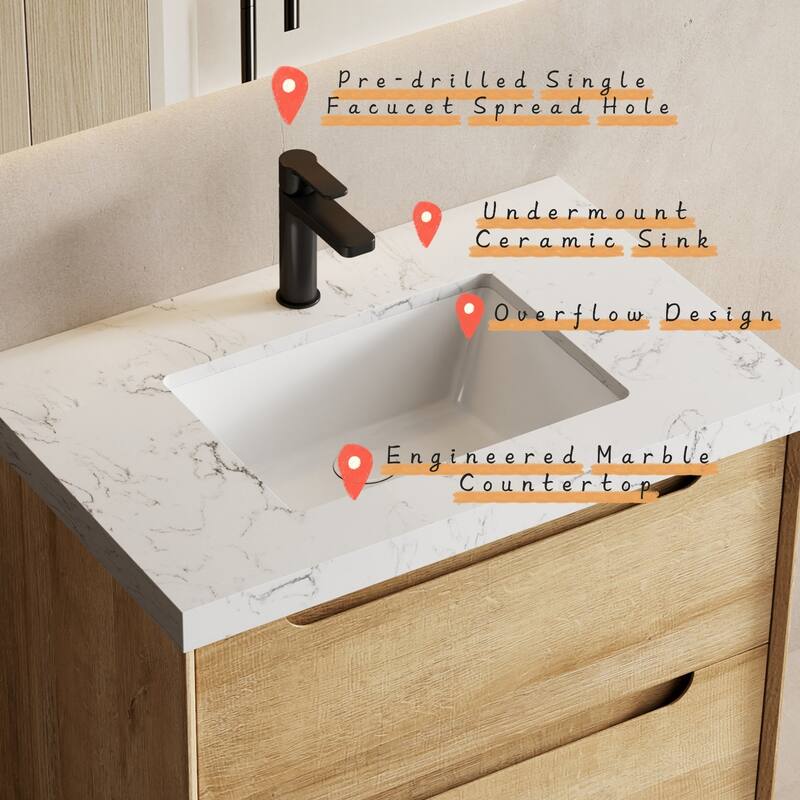 Prismis 24" 30" Wall-Mount Premium Bathroom Vanity with Upgraded Top