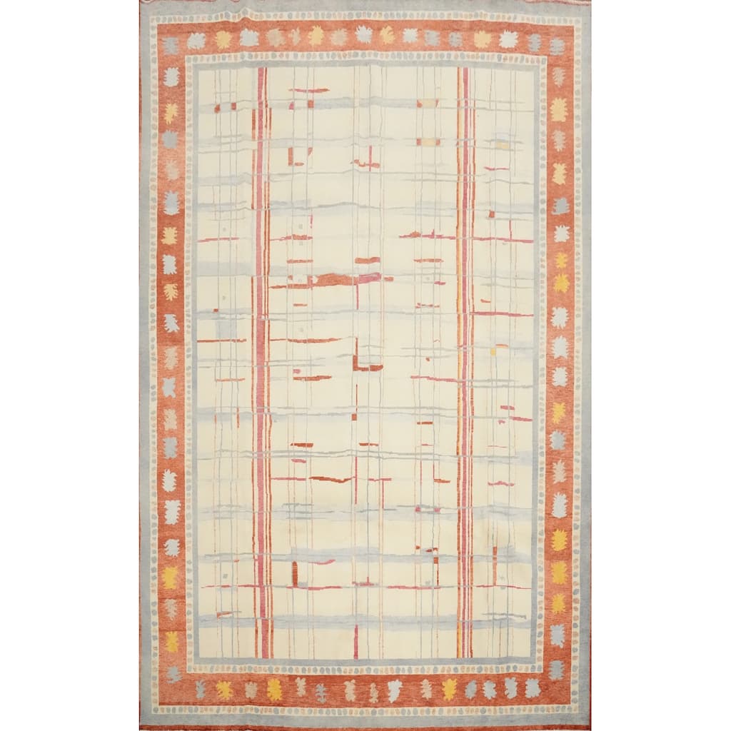 Hand Knotted Oriental 100% Wool Carpet Modern Geometric Beige & Ivories Gabbeh Area Rug - 11' 10'' X 9' 2''