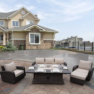5-Piece Outdoor Wicker Sofa Set with Aluminum Firepit Table
