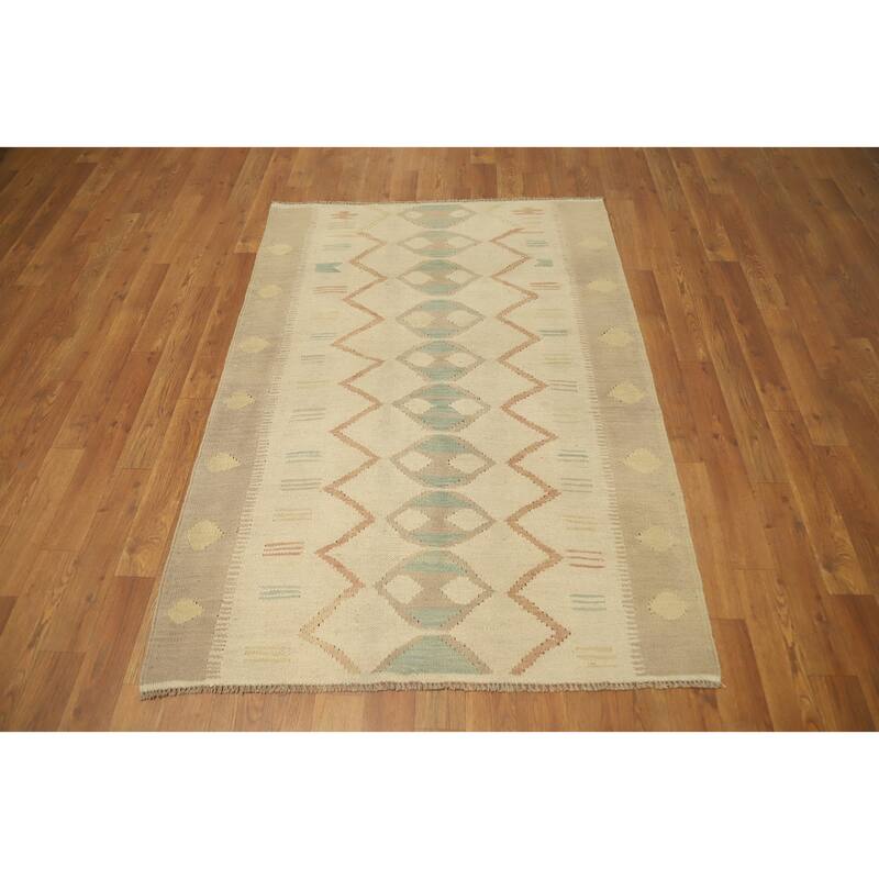 Hand Woven Oriental 100% Wool Carpet Southwestern Tribal Beige & Ivories Kilim Area Rug - 4' 9'' X 3' 4''