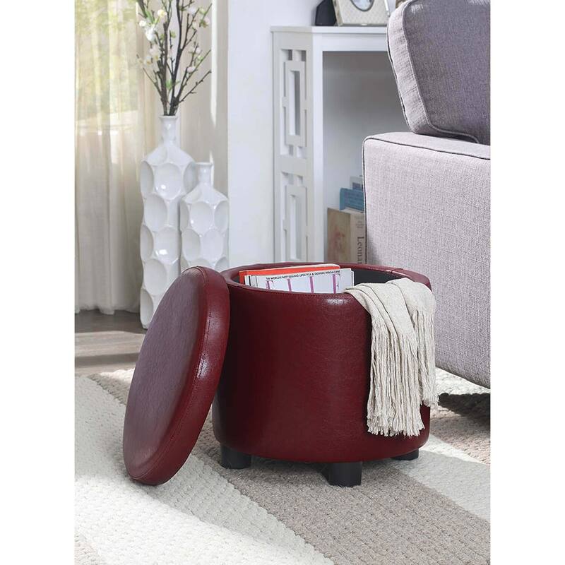 Round Accent Storage Ottoman with Reversible Tray Lid Offering Extra Storage, Decorative Style and Comfortable Seating