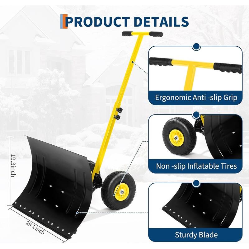 29.1 Wx 19.3 H Ergonomic T-Handle Heavy Duty Snow Shovel with Wheels for Driveway, Sidewalk