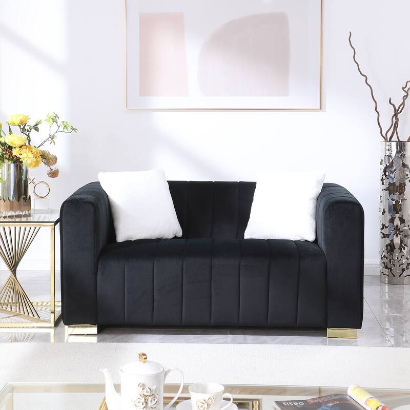 Velvet Loveseat Sofa Vertical Stripe Channel Couch with Pillows - Black