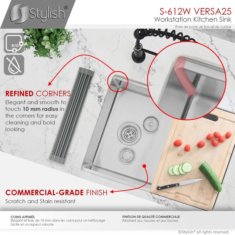 STYLISH 25 inches Workstation Single Bowl Undermount 16 Gauge Stainless Steel Kitchen Sink with Built in Accessories Handmade