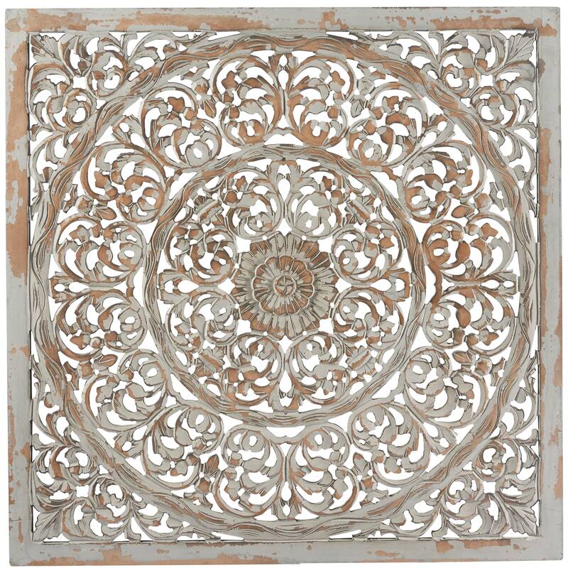 Gray Wooden Handmade Carved Scroll Mandala Floral Home Wall Decor with Brown Distressing