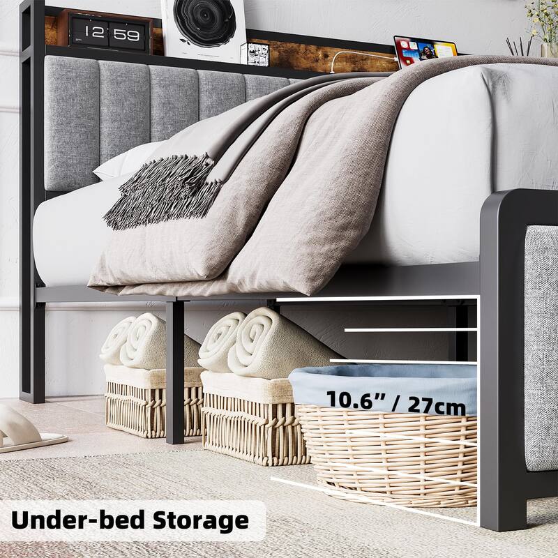 Full Size Bed Frame with Storage Headboard, Upholstered Platform Bed with USB Ports & Outlets