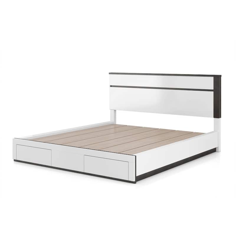 Kena King Size Bed, White Gray Panel Headboard, Footboard Storage Drawers