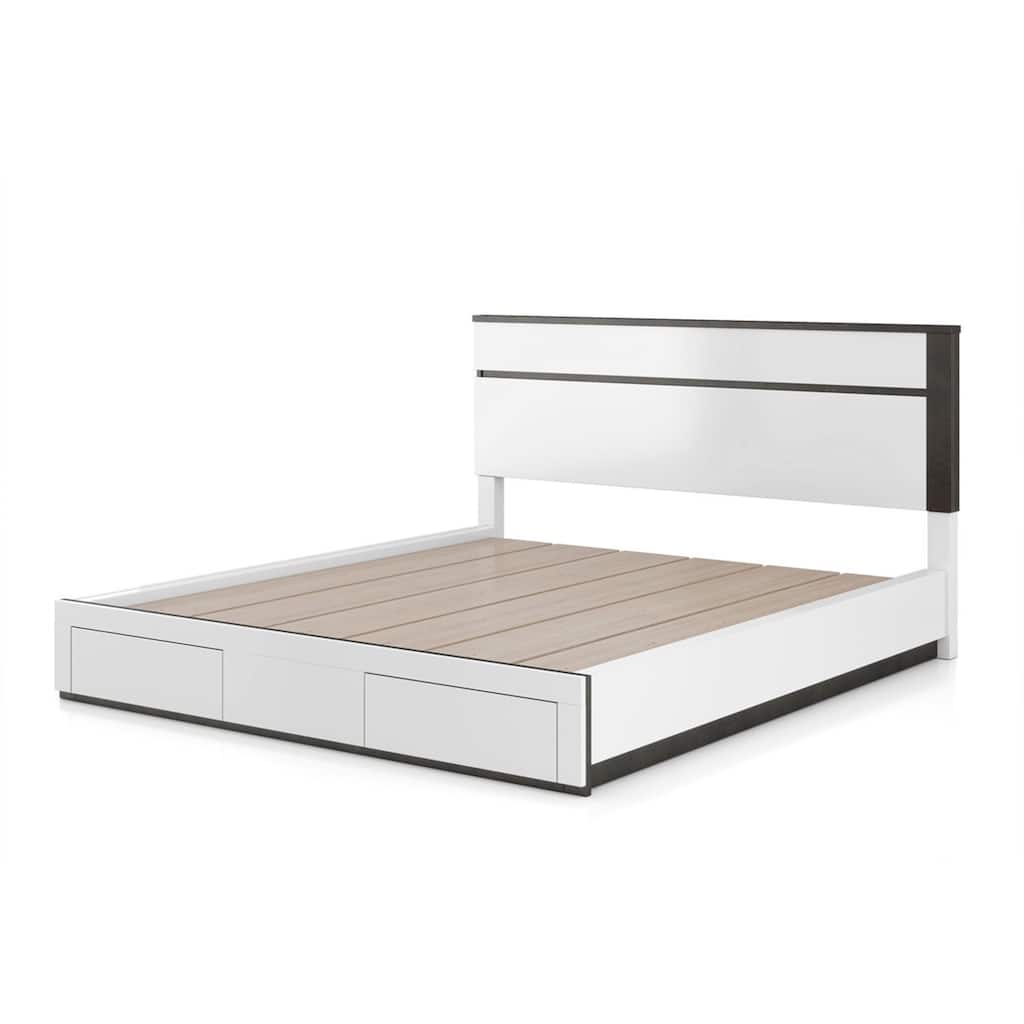 Kena King Size Bed, White Gray Panel Headboard, Footboard Storage Drawers