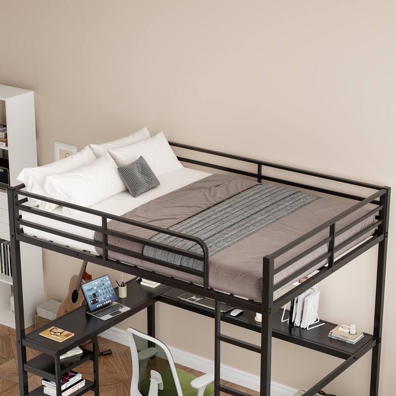 Full Size Loft Bed with L-Shaped Desk, Open Shelves, and Safety Guardrails, Heavy Duty Metal Frame, Black