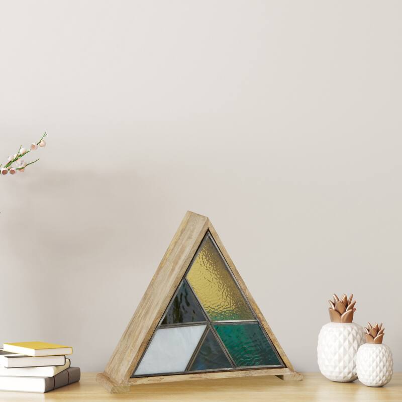 River of Goods Wood and Stained Glass Triangle Shade 11-Inch Accent Lamp - 13.5" x 4.5" x 11"