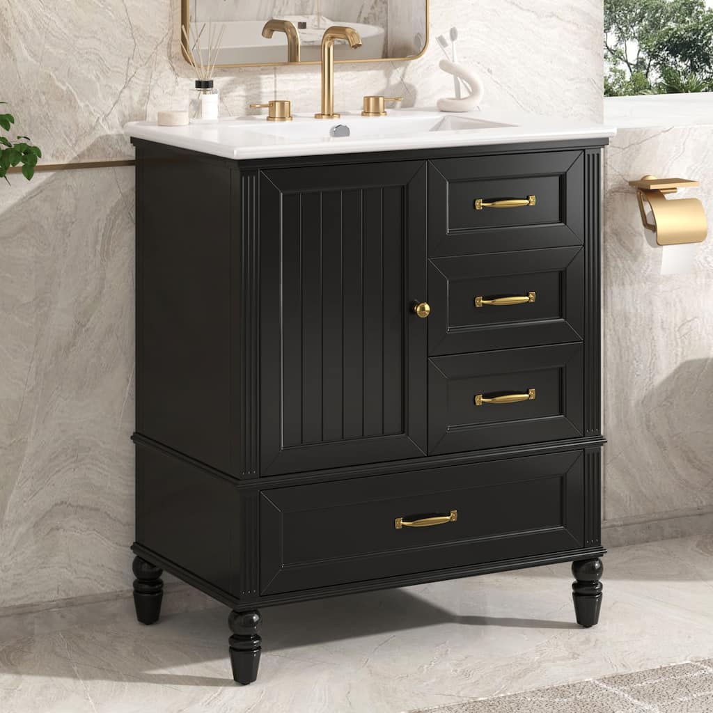 30" Bathroom Vanity with Sink, Bathroom Cabinet with A Door, Three Drawers, Solid Wood Legs & MDF Board, Adiustable Foot Pads