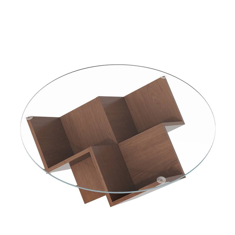 The Round Coffee Table with Glass Top and Geometric Abstract Art Deco Base Storage Shelves, Walnut, 35.4"