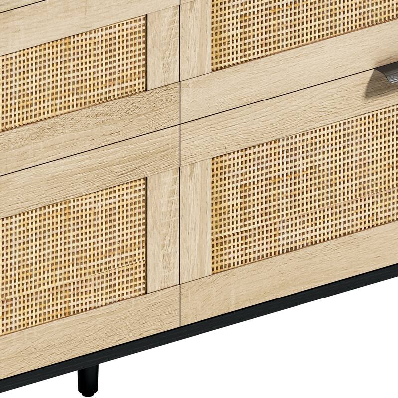 6 Drawers Rattan Dresser, Wooden Storage Wardrobe Dresser, Floor Standing Storage Cabinet with Metal Handle & Wood Legs