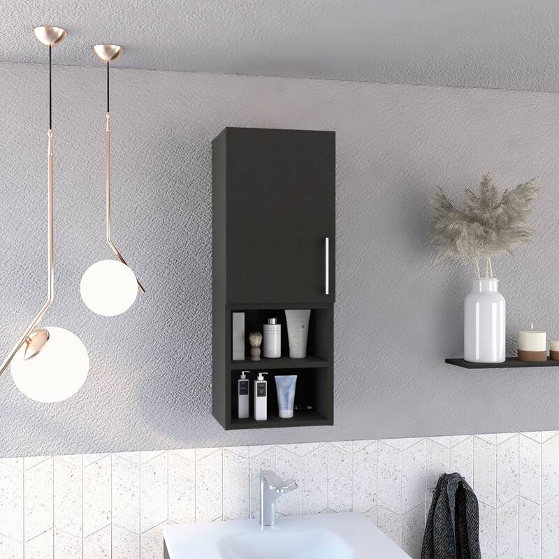 Medicine Cabinet with Metal Handle, Single Door, Two External Shelves, Wengue Finish, Wall-Mounted Storage Solution - 11.81X9.84 in - Black + Particle Board