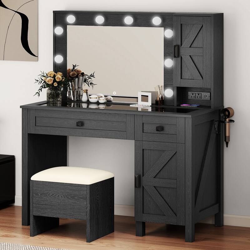 Moasis Farmhouse Makeup Vanity Desk Set with Mirror and Lights, Charging Station and Storage Stool - Black